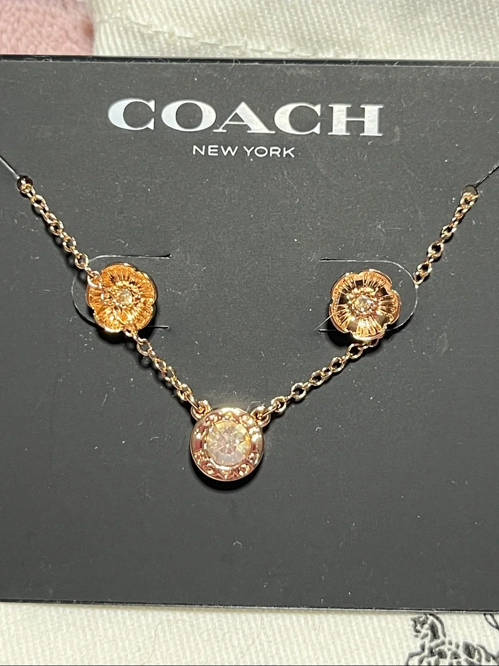 Coach Rose Gold-Tone Crystal Pendant Necklace with earrings